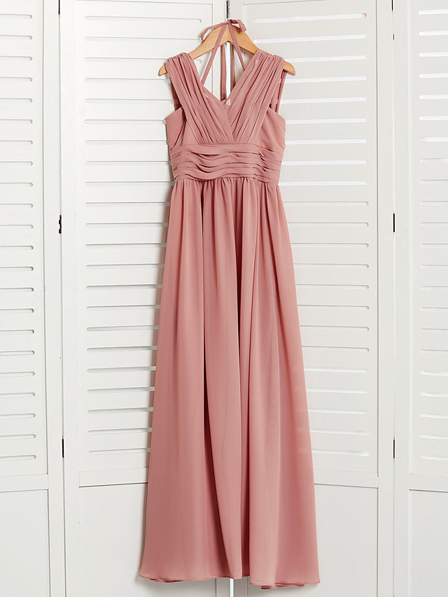 A-Line V Neck Flower Girl Dress with Pleats Ruching and Maxi Chiffon