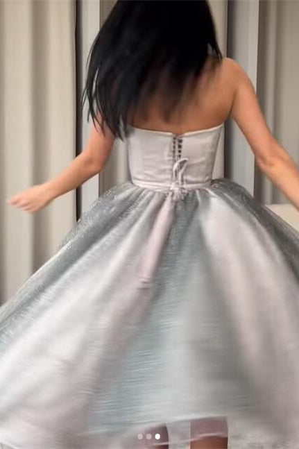 A-Line Strapless Silver Prom Dress with Sequins