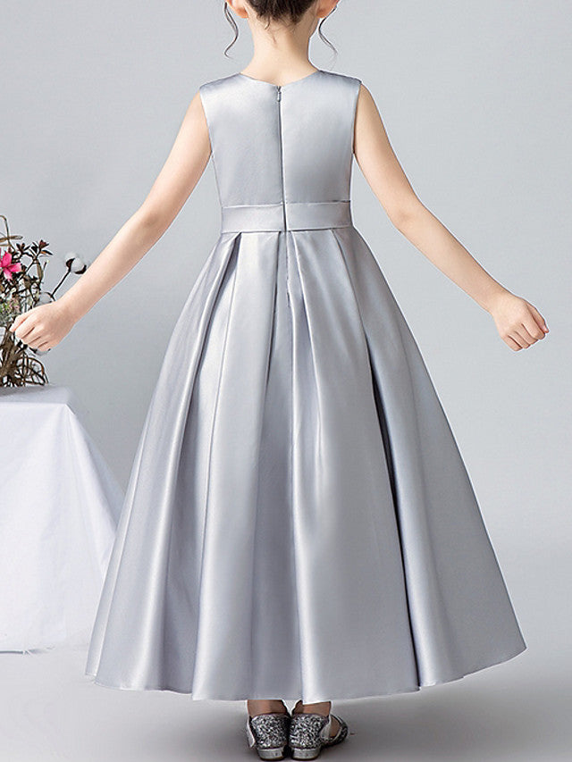 A-Line Satin Flower Girl Dress With Pleats and Appliques