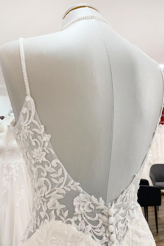 Elegant Long Mermaid Wedding Dress with Lace Satin Spaghetti Straps & Open Back
