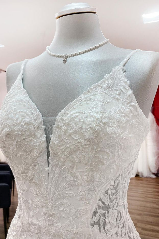 Elegant Long Mermaid Wedding Dress with Lace Satin Spaghetti Straps & Open Back