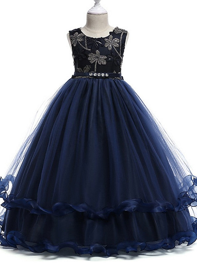 Princess Round Neck Floor Length Flower Girl Dress with Bow Crystals Appliques