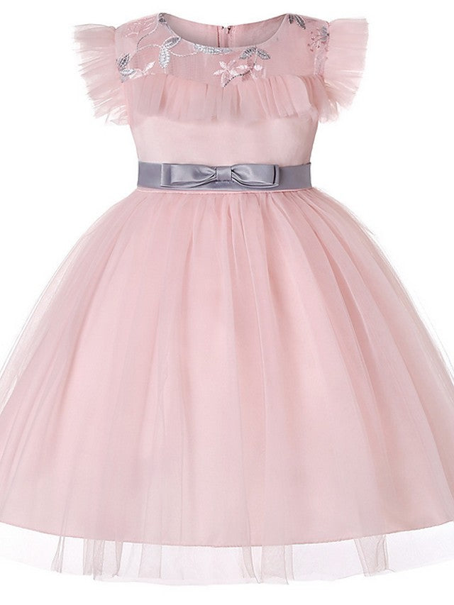 Short Sleeve Jewel Flower Girl Dresses with Tulle Sash
