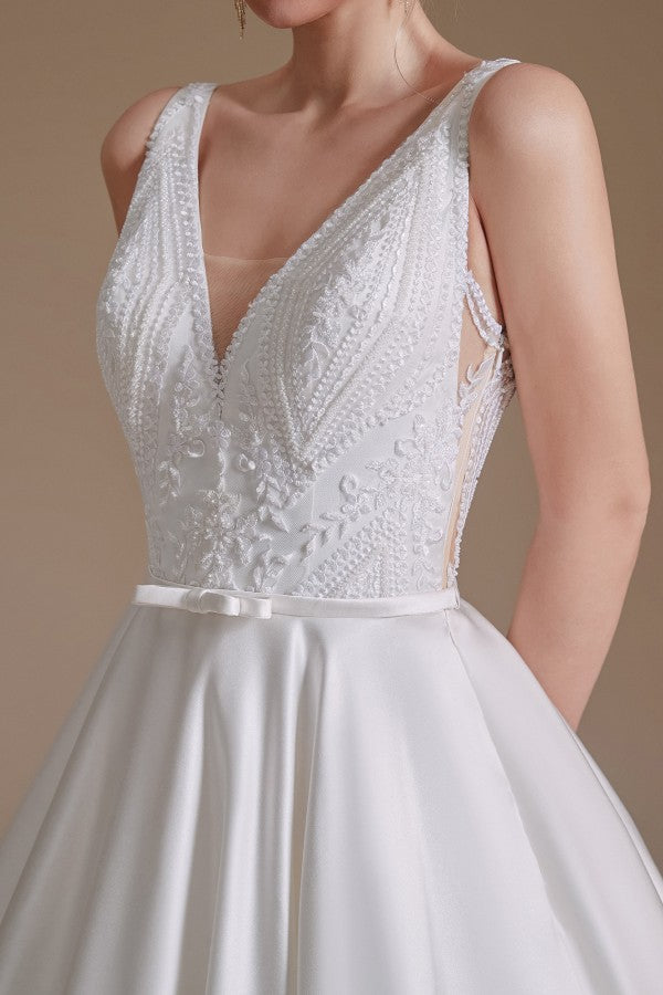 Long A-line V-neck Satin Wedding Dress with Appliques Lace