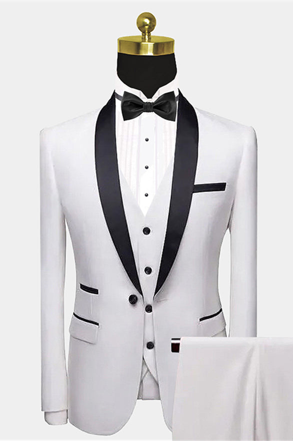 Will's Classic White Wedding Tuxedo with Black Satin Shawl Lapel and Pocket Edge