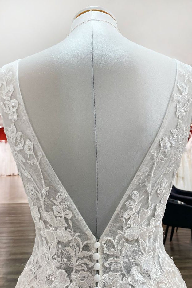 Modest Long A-line Deep V-neck Sleeveless Wedding Dress with Open Back Tulle and Appliques Lace