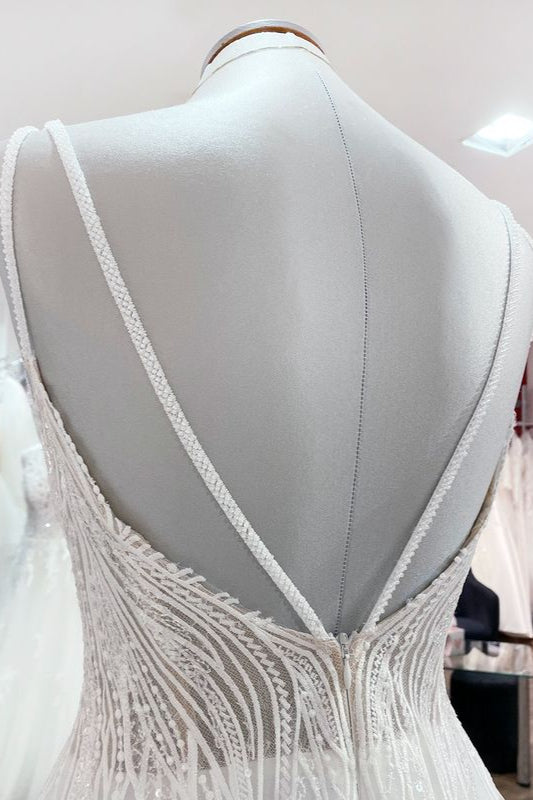 A-line Tulle Wedding Dress with Sequins Ruffles and Long V-neck Backless Style