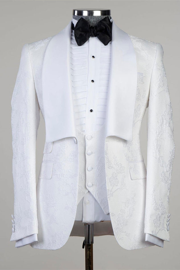 Dennis White Jacquard Shawl Lapel Three Piece Men Suit for Wedding Prom