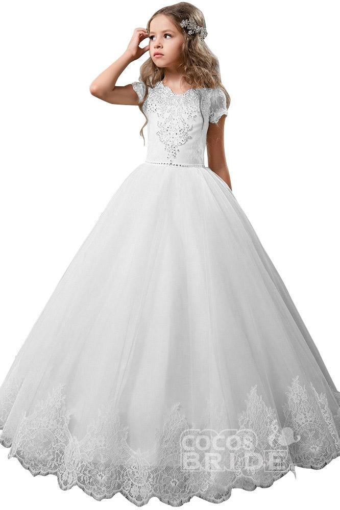 Light Pink Short Sleeve Scoop Neck Ball Gown Flower Girls Dress