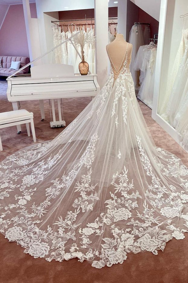 Charming A-Line Wedding Dress with Appliques Lace and Spaghetti-Straps Tulle Backless