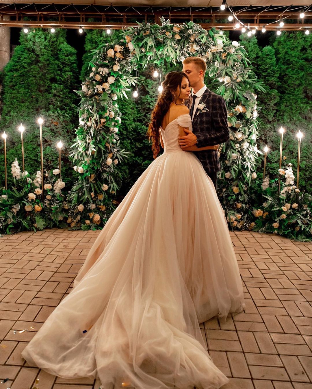 Beautiful Tulle A-line Long Wedding Dress with Off-the-shoulder and Chapel Train