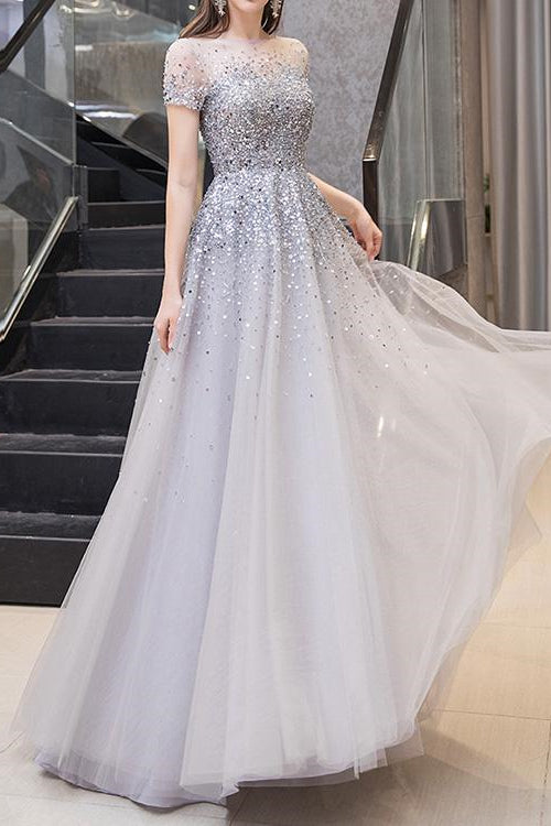 Gorgeous Long Prom Dress With Short Sleeves Sequins - Online