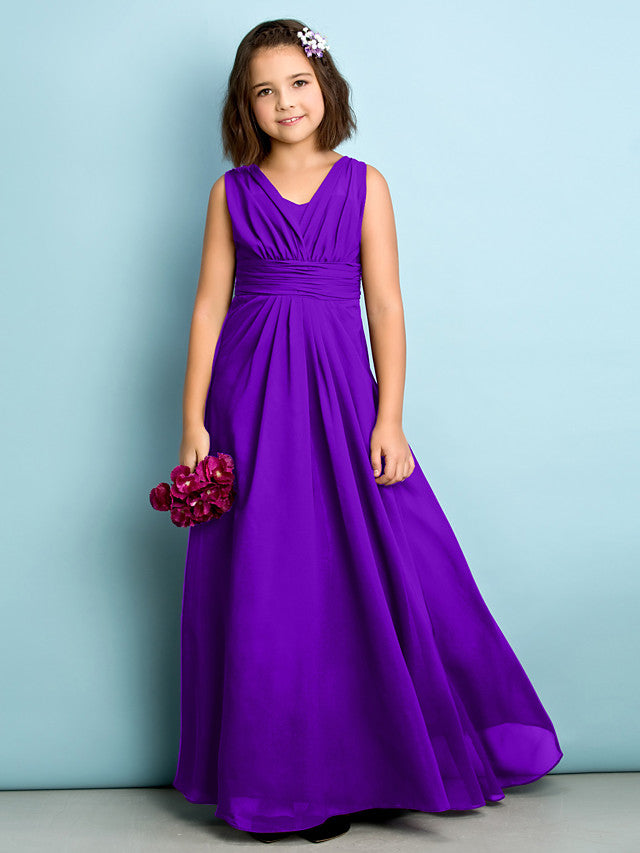 A-Line V Neck Chiffon Flower Girl Dress - Floor Length With Criss Cross Natural Mini Me