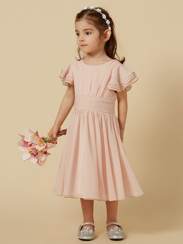Short Sleeve A-Line Tea Length Flower Girl Dress with Sash