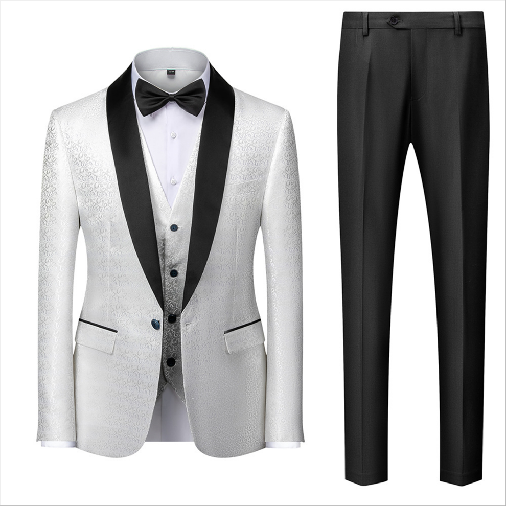 ELegant Business Man's Suit for Prom - Satin Shawl Lapel, Black & White with Jacquard.