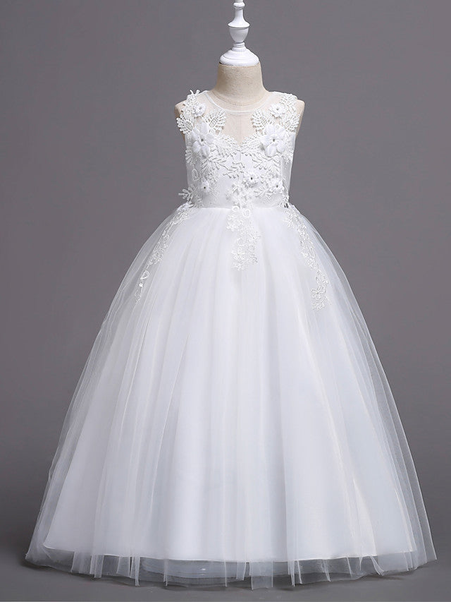 Princess Lace Print Tulle Sleeveless Floor Length Flower Girl Dresses