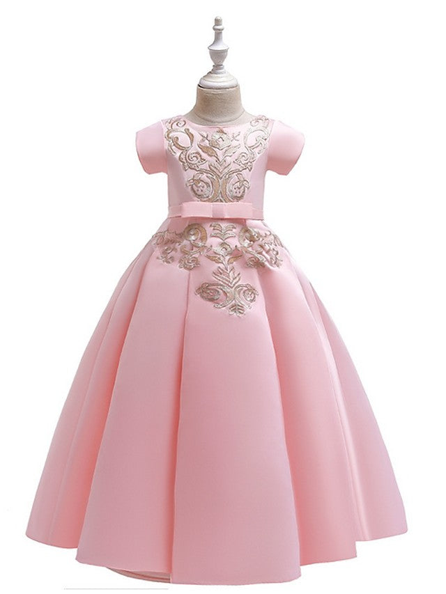 A-Line Flower Girl Dress with Short Sleeves and Bow Appliques - Floor Length