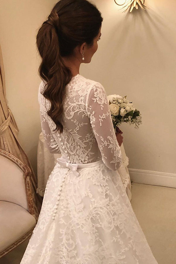 Modest A-line Lace Wedding Dress with Long Sleeves and Appliques