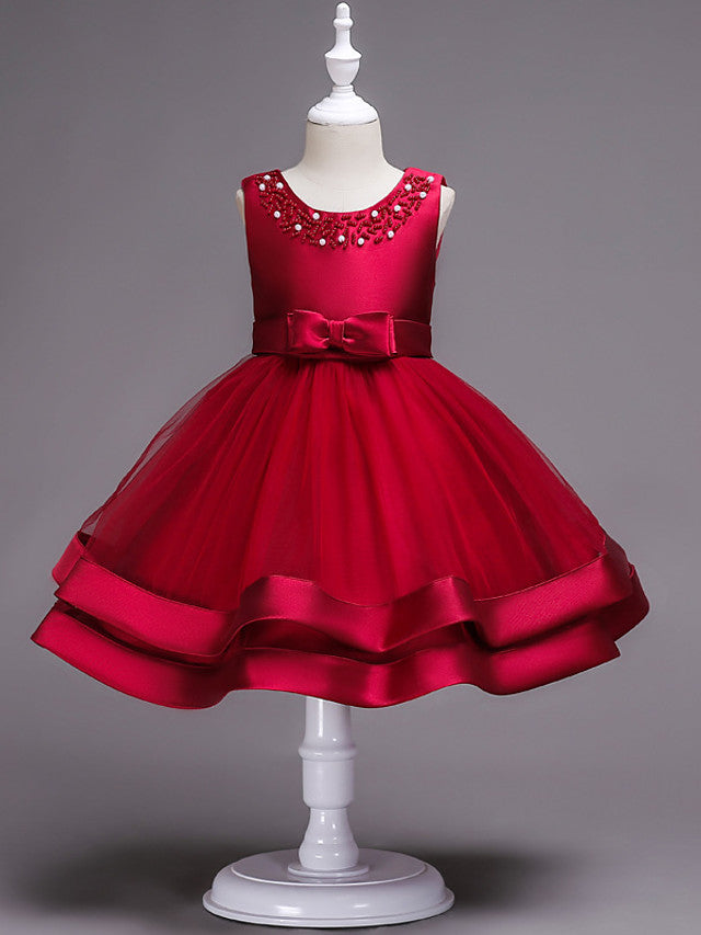 Knee Length Flower Girl Dresses With Faux Pearl Bow Beading
