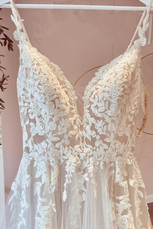 A-Line Sweetheart Appliques Lace Floor-length Wedding Dress with Ruffles Tulle