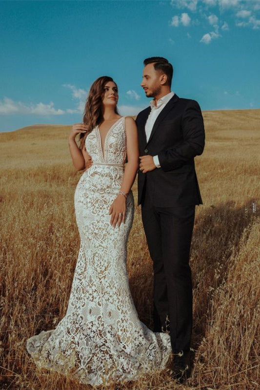Empire V Neck Mermaid Wedding Dress with Beadings