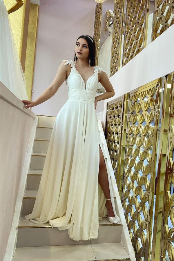 Lace Chiffon A-line V-neck Split Wedding Dress