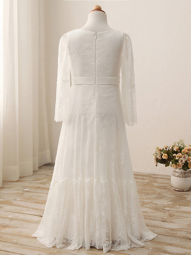 Lace Cotton 3/4 Length Sleeve V Neck Flower Girl Dress