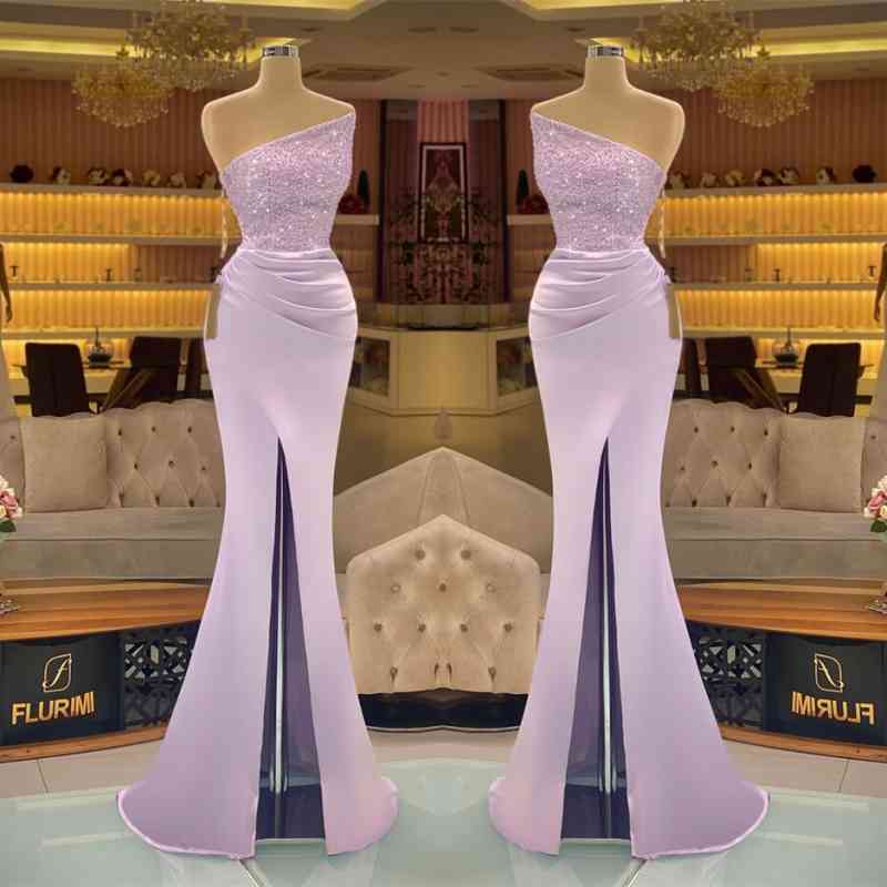 Light Purple Sequined Slit Mermaid Prom Dress