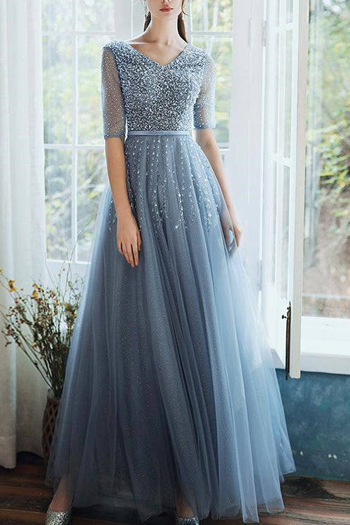 On Sale: Dusty Blue Lace-Up Evening Dress with Sequins - Hale Sleeves Long