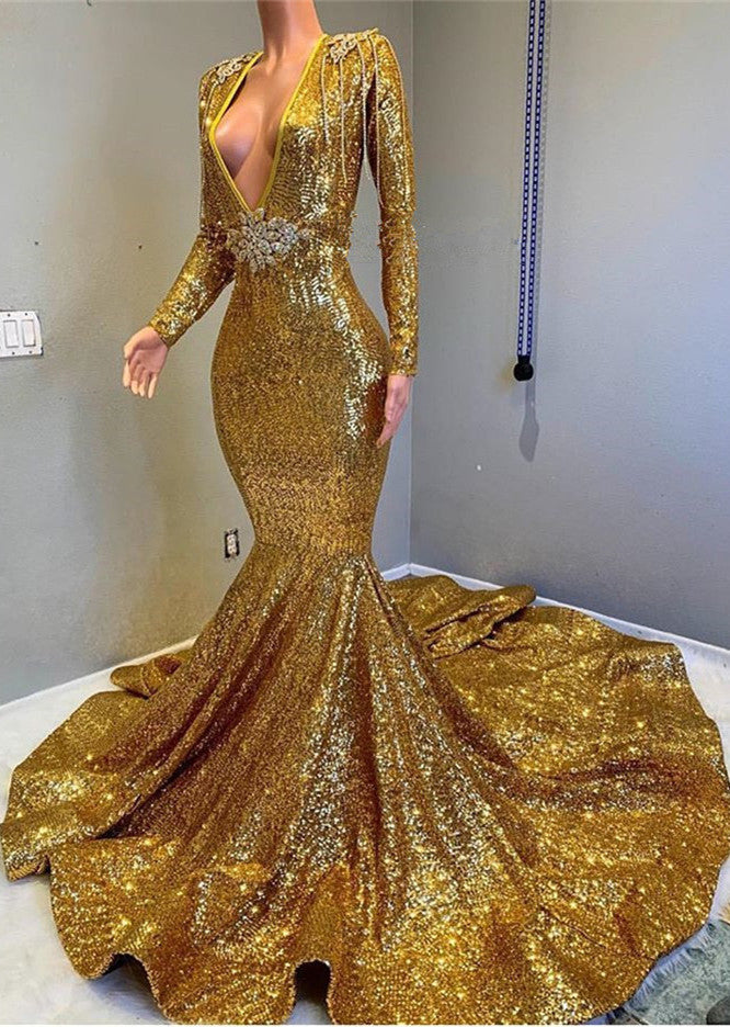 Glamorous Gold Mermaid Prom Dress with Long Sleeves and V-Neck Applique