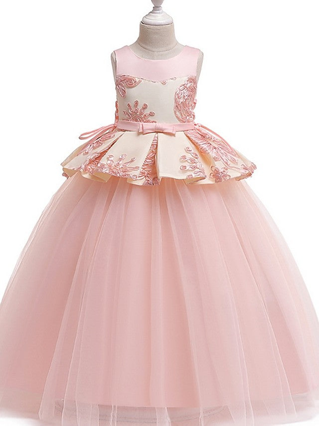 Princess Round Floor Length Cotton Bow Appliques Flower Girl Dress