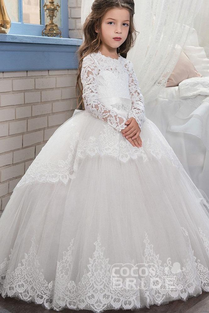 Lace-Trimmed Purple Ball Gown for Girls with Long Sleeves & Scoop Neck