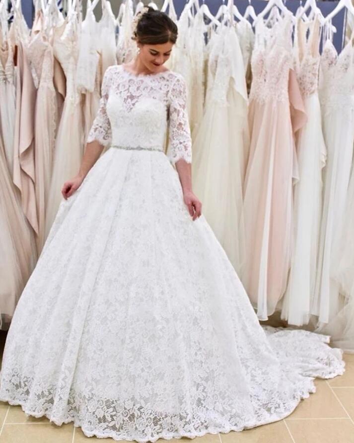 A-line Lace Backless Wedding Dress with Sleeves
