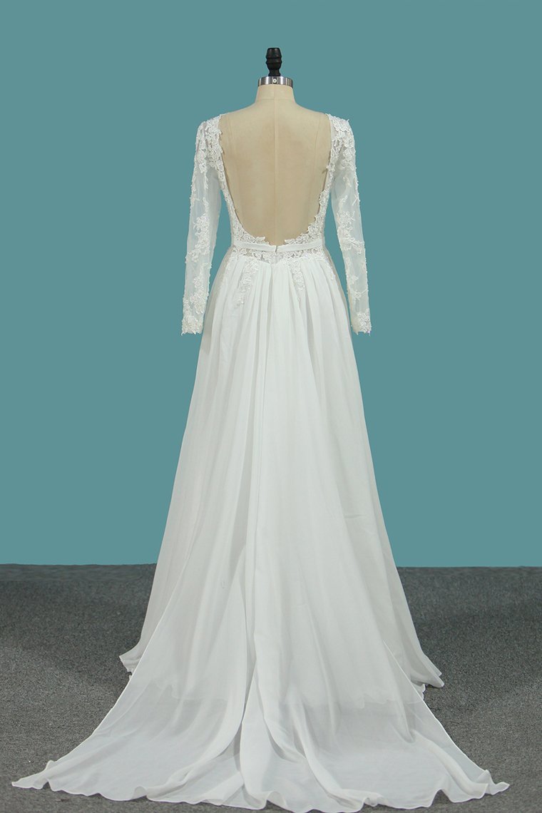 Long Sleeves Chiffon A-Line Floor-length Wedding Dress with Ruffles