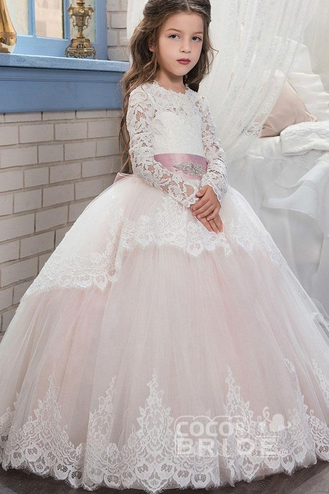 Lace-Trimmed Purple Ball Gown for Girls with Long Sleeves & Scoop Neck