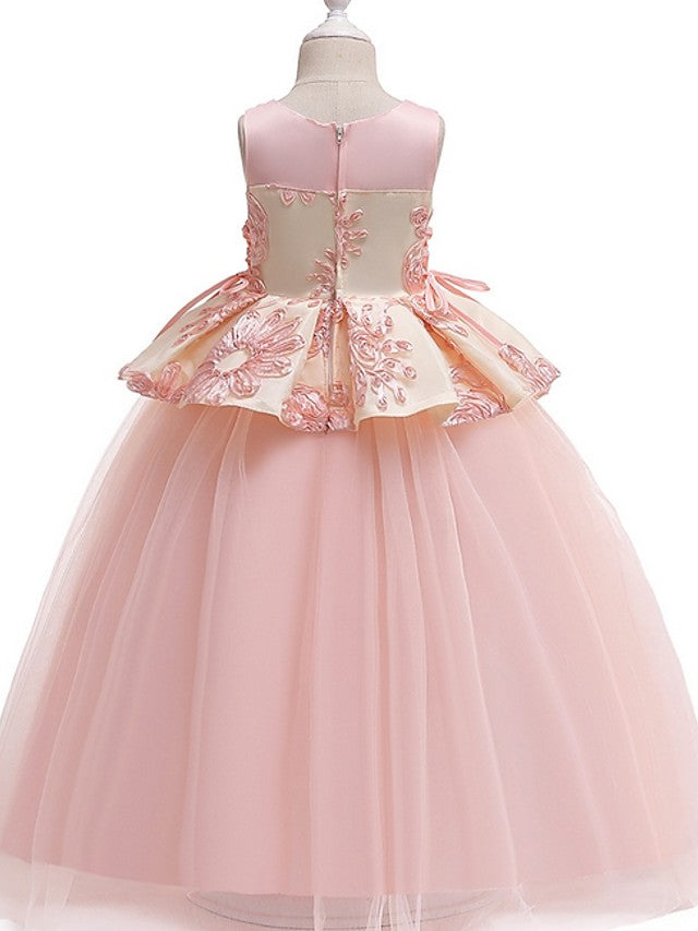 Princess Round Floor Length Cotton Bow Appliques Flower Girl Dress