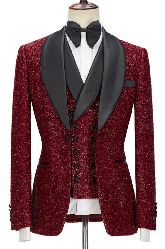 Damon Sparkle Red 3-Piece Wedding Suit with Black Shawl Lapel