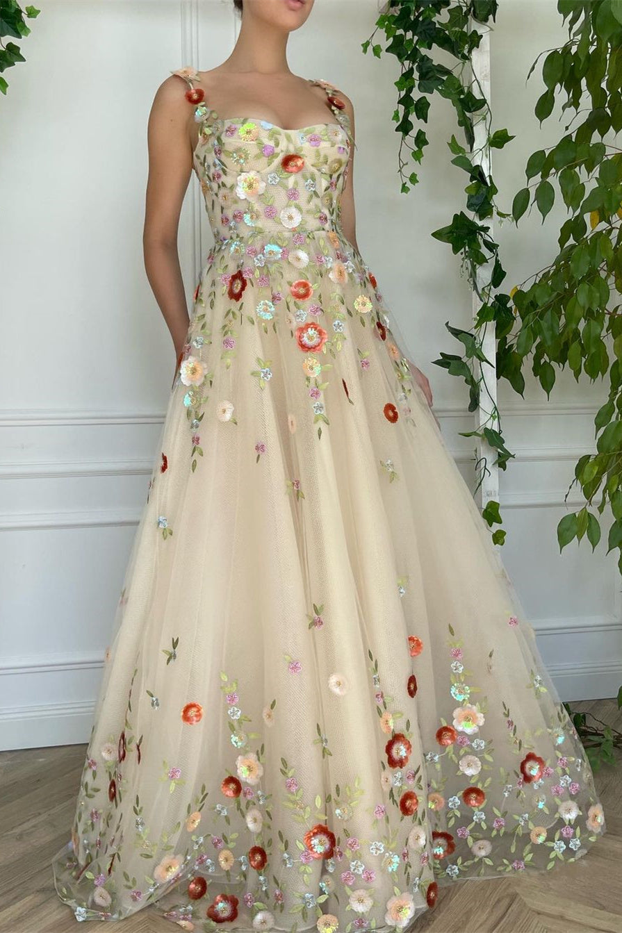 Beige Evening Dress with Flowers Appliques - A Line Tulle Spaghetti Strap