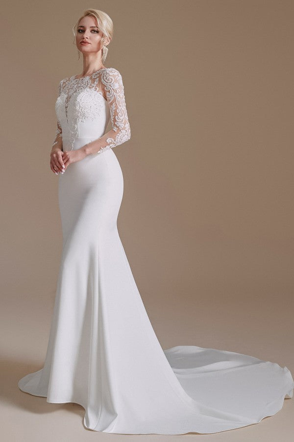 Elegant Jewel Satin Lace Long Mermaid Wedding Dress With Sleeves