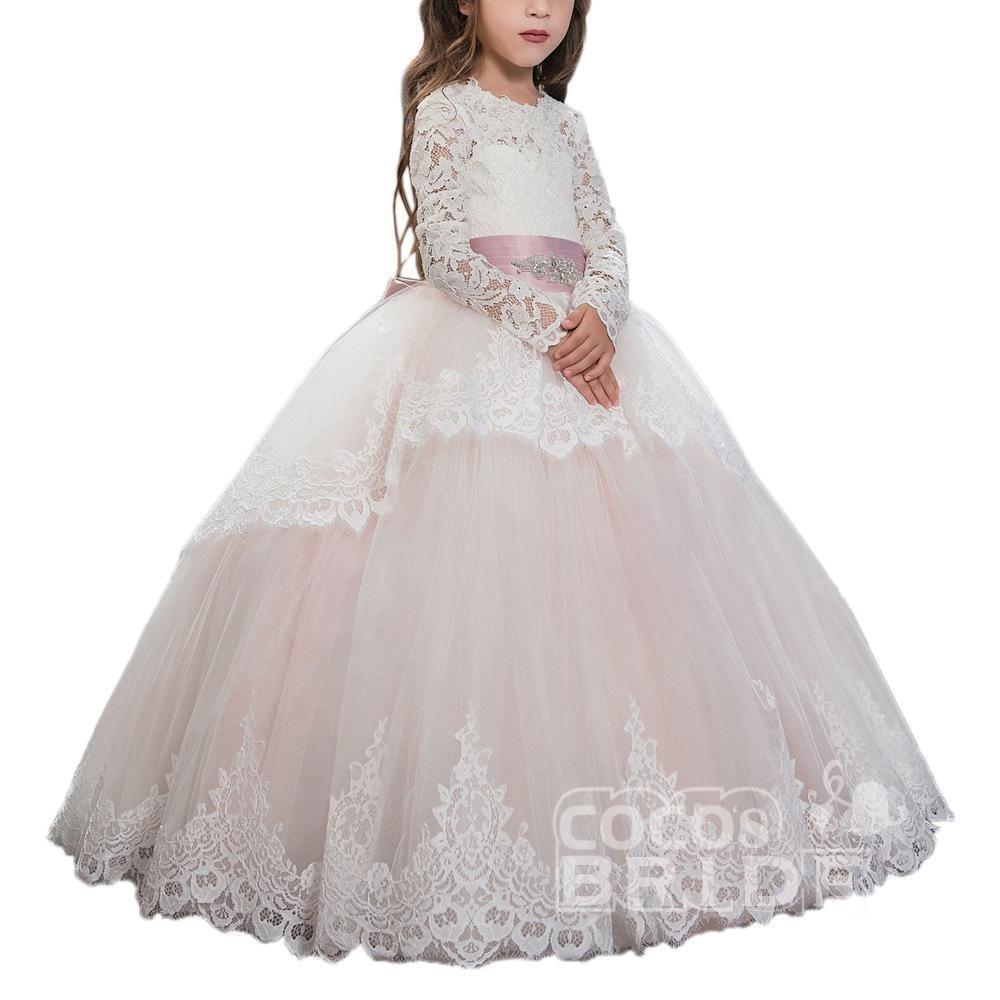 Lace-Trimmed Purple Ball Gown for Girls with Long Sleeves & Scoop Neck