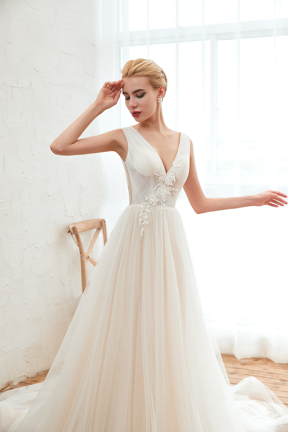 Romantic A-Line Wedding Dress with Wide Straps and Deep V-neck Tulle