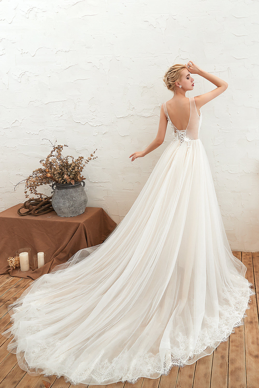 Romantic A-Line Wedding Dress with Wide Straps and Deep V-neck Tulle