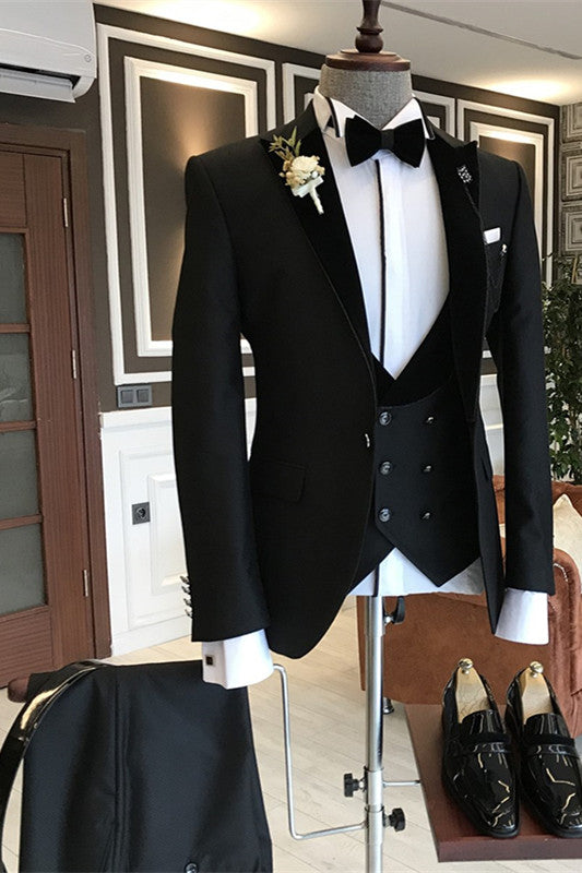 Three Pieces Black Summer Wedding Suits for Groom with Peaked Lapel
