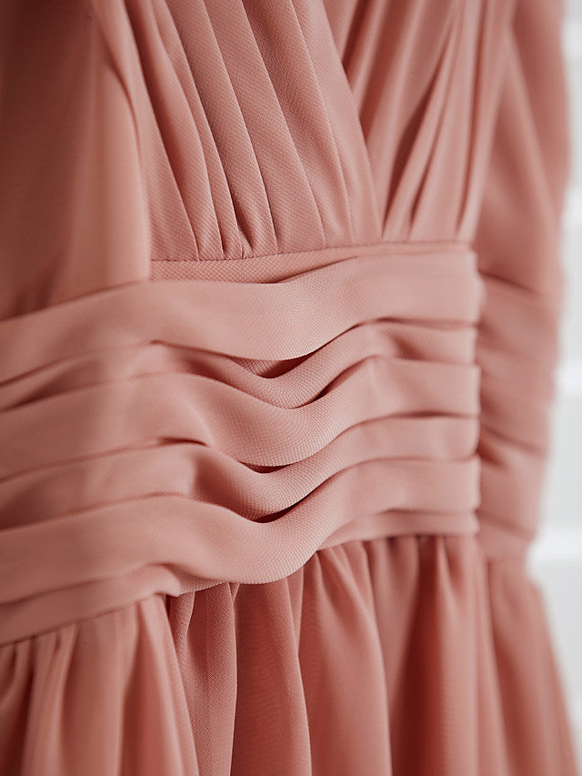A-Line V Neck Flower Girl Dress with Pleats Ruching and Maxi Chiffon