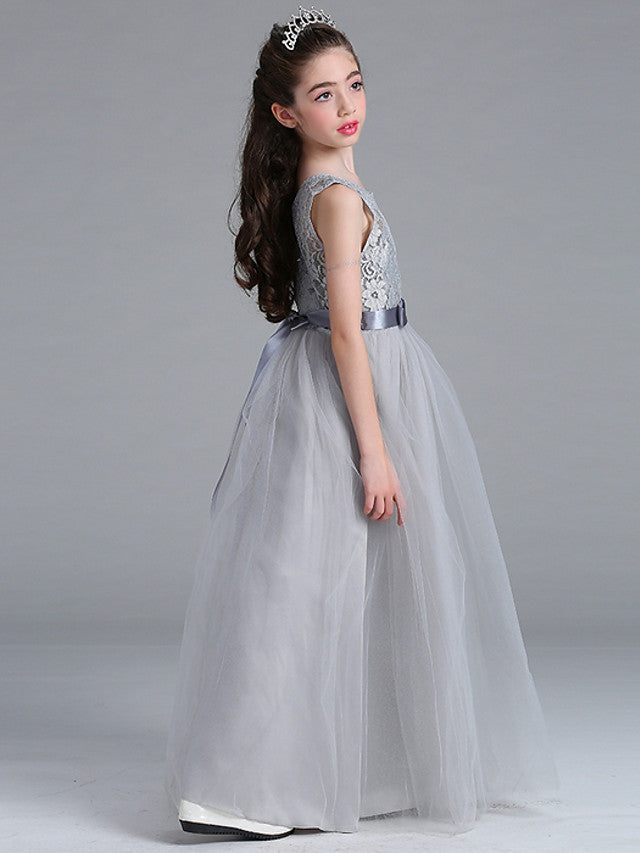 Sleeveless A-Line Round Floor Length Flower Girl Dress with Lace