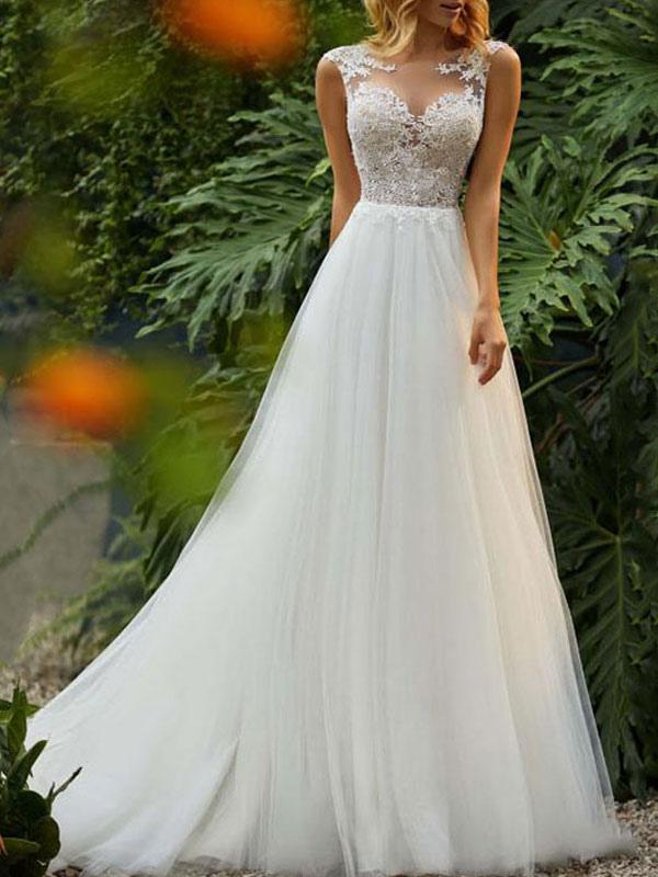 Long Sleeveless Tulle Lace Wedding Dress