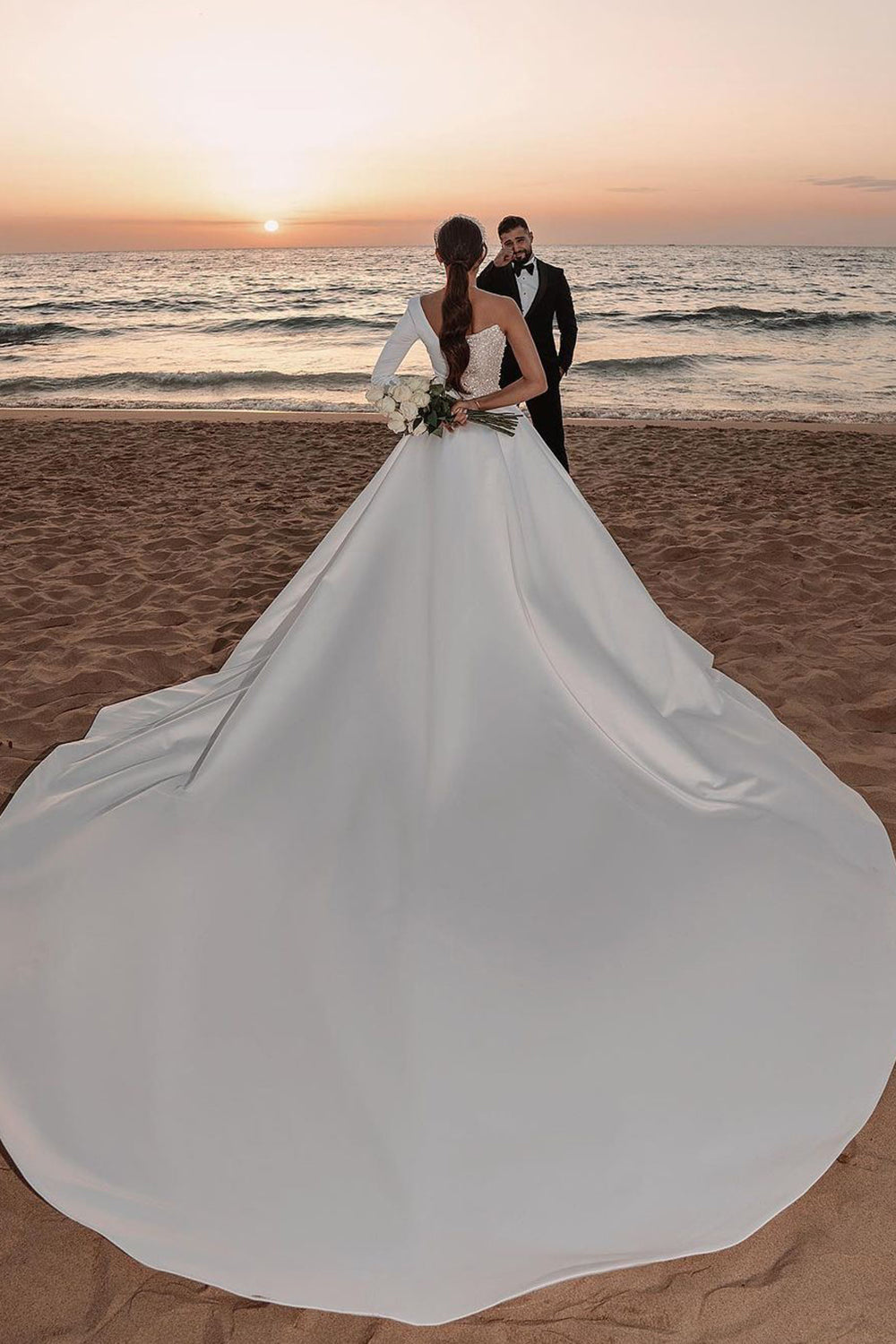 One Shoulder A-line Wedding Dress with Sequins and Long Sleeves