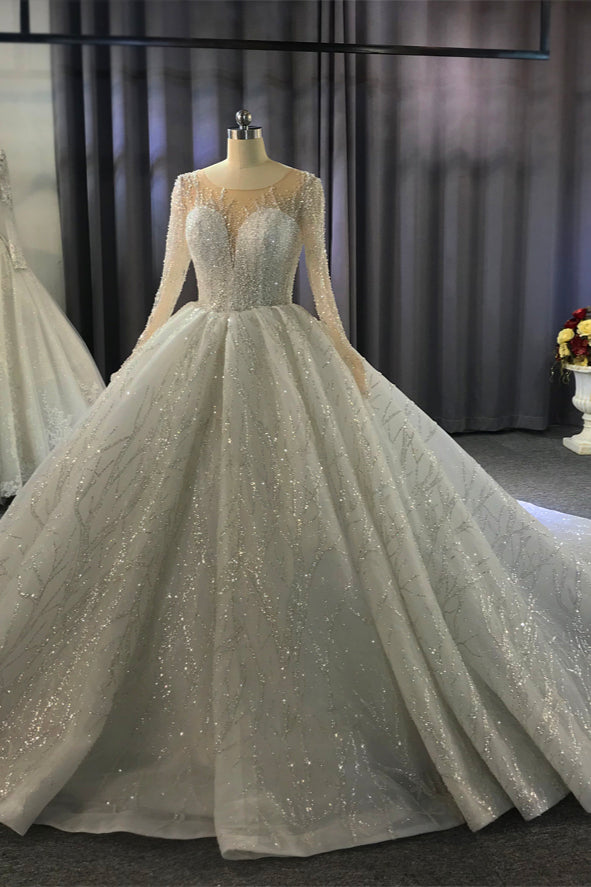 Gorgeous Bateau Long Sleeves Floor-length Ball Gown Wedding Dress with Ruffles