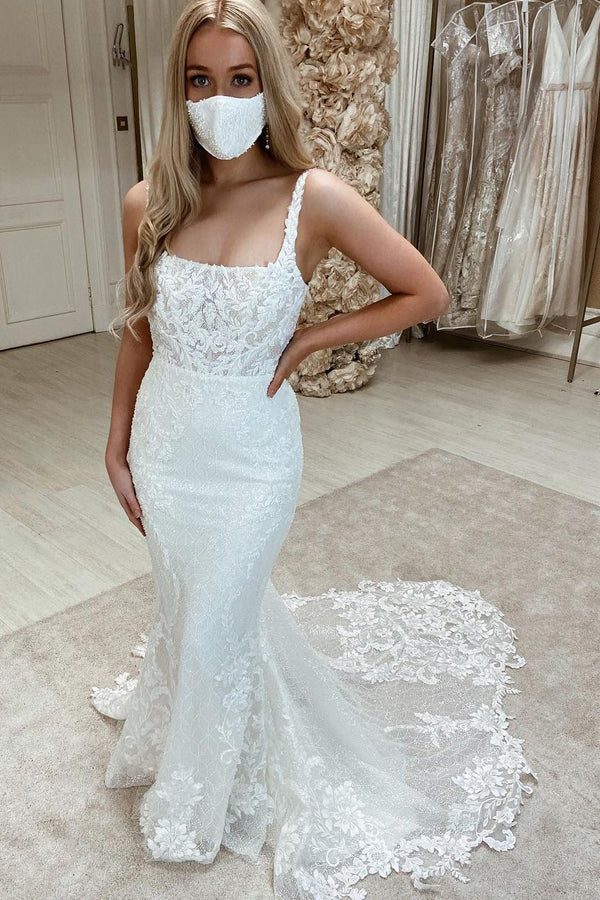 Sleeveless Tulle Appliques Bateau Mermaid Wedding Dress
