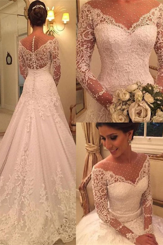 Glamorous Lace Appliques With Pearls Wedding Dress for Princesses